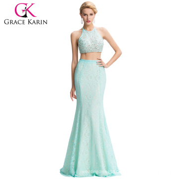 Grace Karin 2016 Sexy Halter Beaded Two-Piece Set vestido de baile Pale Turquoise Elegante vestido de noiva Long Long GK000044-1